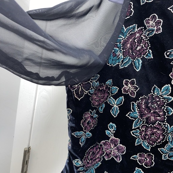 Vintage Women's Blouse vest Long‎ sheer sleeve outstanding floral Black Medium - Picture 4 of 11